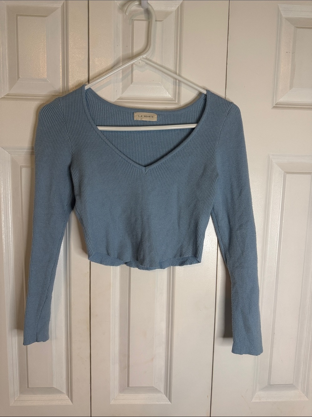 La Hearts Light Blue Ribbed V-Neck Cropped Long Sleeve Top